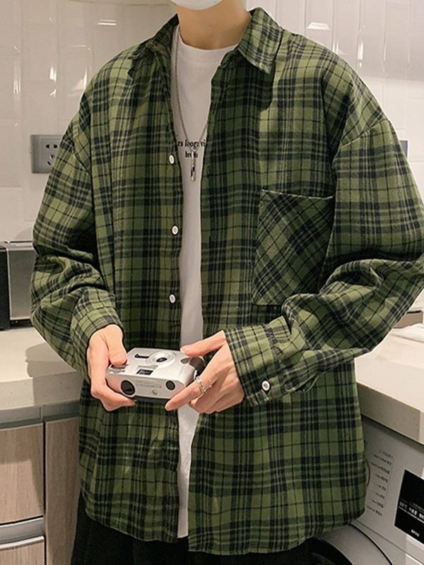 Men's Checkered Long Sleeve Button Down Shirts-3
